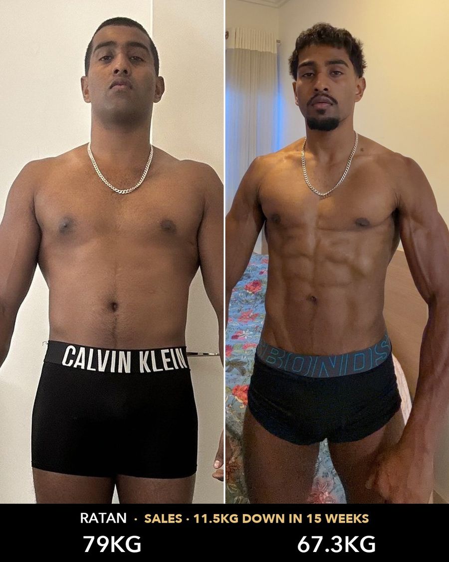 Ratan, 79kg to 67.3kg, before and after