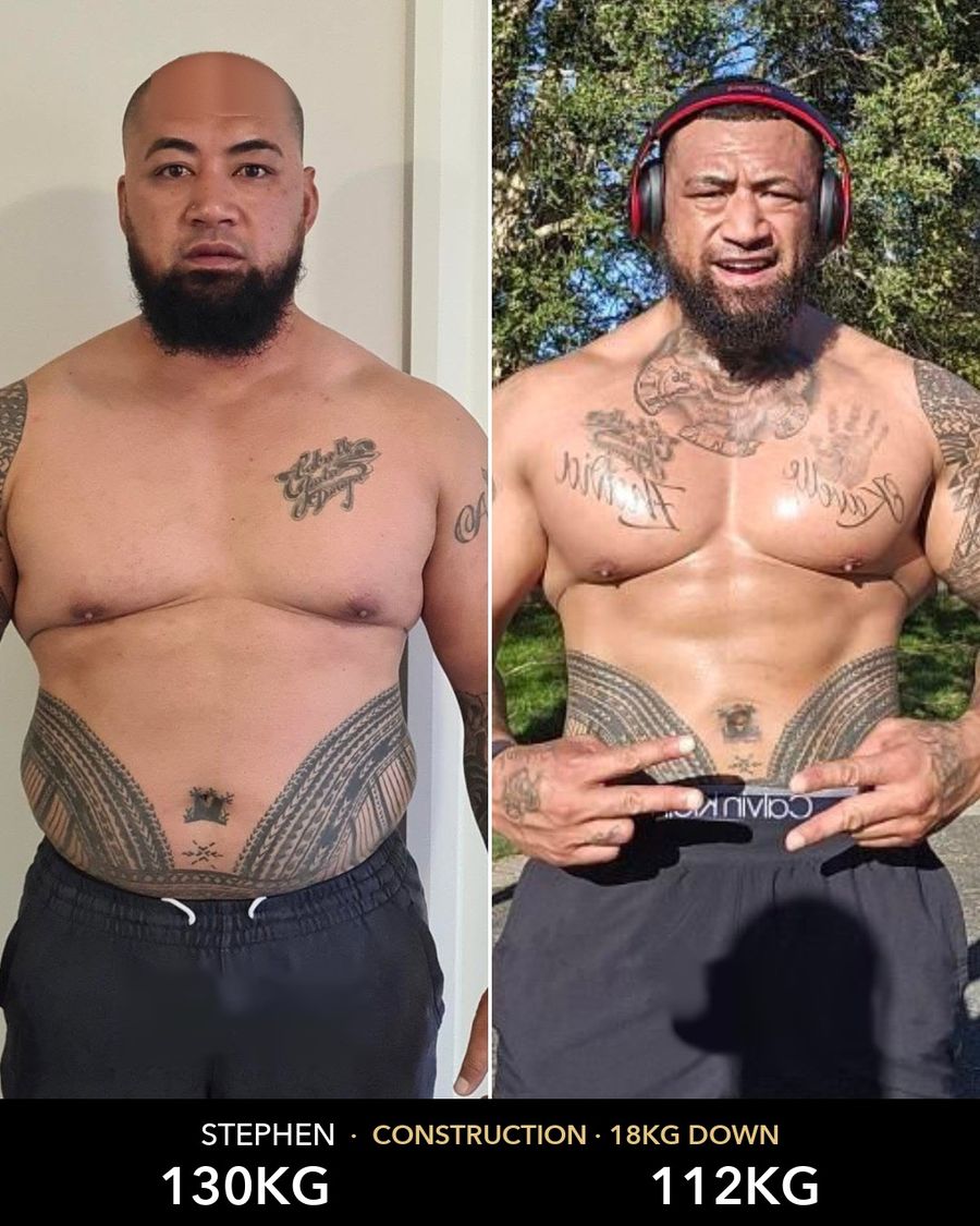 Stephen, construction, 130kg to 112kg